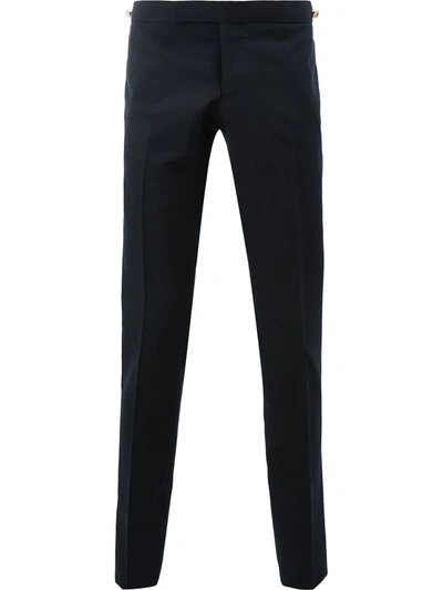 Shop Thom Browne Low Rise Skinny Trouser With Red, White And Blue Selvedge Back Leg Placement In School Uniform Plain