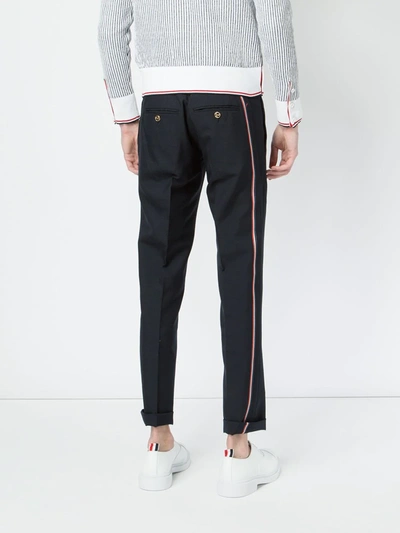 Shop Thom Browne Low Rise Skinny Trouser With Red, White And Blue Selvedge Back Leg Placement In School Uniform Plain