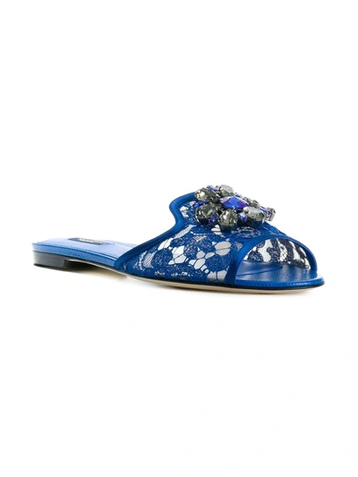 Dolce & Gabbana Embellished Corded Lace And Lizard-effect Leather Slides In Blue