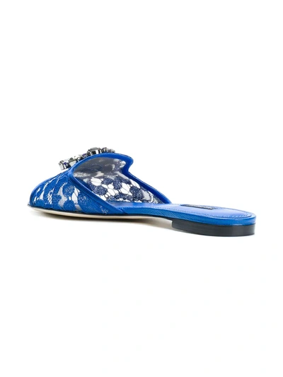 Dolce & Gabbana Embellished Corded Lace And Lizard-effect Leather Slides In Blue