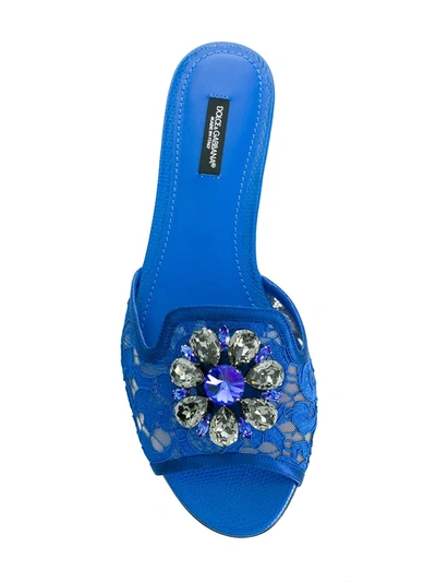Dolce & Gabbana Embellished Corded Lace And Lizard-effect Leather Slides In Blue