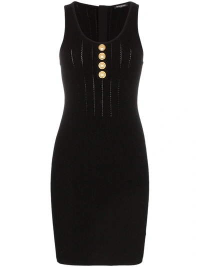 Shop Balmain Sleeveless Button Detail Knit Mini Dress In Black