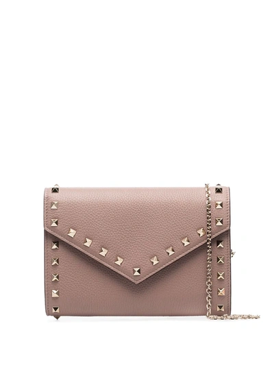 Shop Valentino Rockstud Envelope Leather Clutch Bag In Neutrals