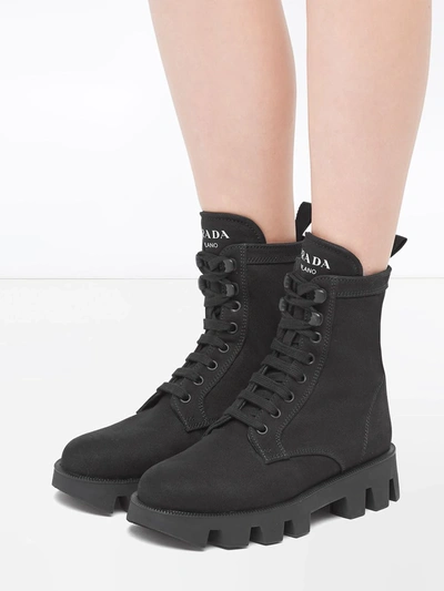 Shop Prada Denim Ankle Boots In Black