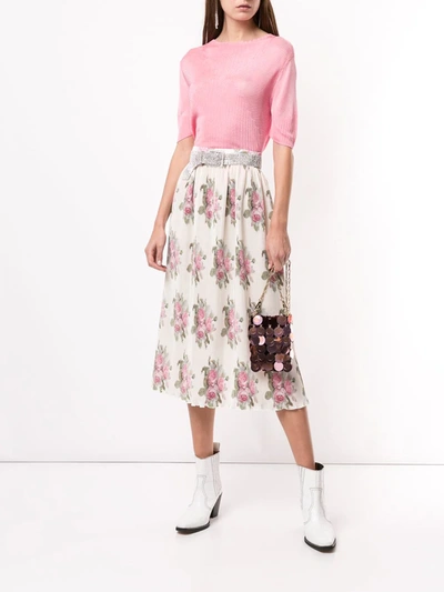 Shop Paco Rabanne Pleated Floral Print Midi Skirt In White