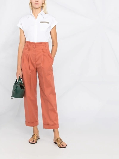 Brunello Cucinelli Cropped Pleated Stretch-cotton Gabardine Straight-leg Pants In Orange