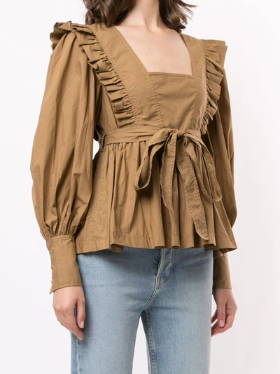 Shop Karen Walker Chestnut Ruffle-trimmed Cotton Blouse In Brown