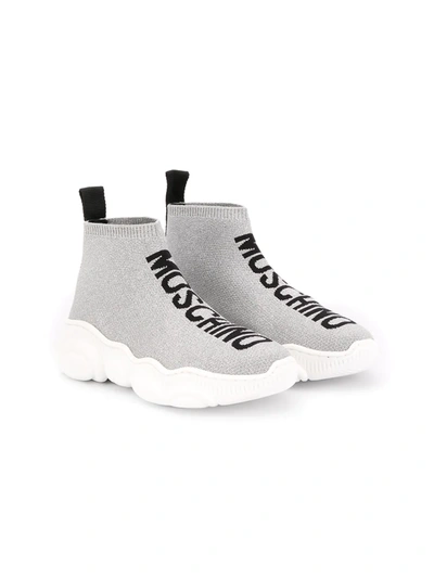 Moschino Kids' Intarsia Glittered Knit Sock Sneakers In Silver | ModeSens
