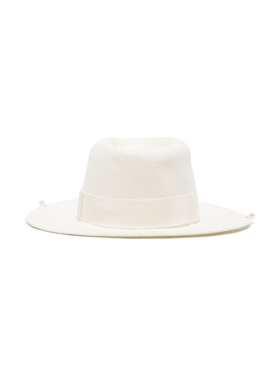 Ruslan Baginskiy Straw Chain-strap Fedora Hat In White
