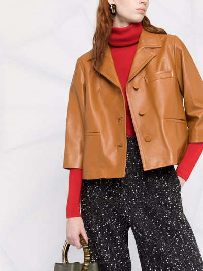 Shop Marni Collared Leather Jacket In Braun