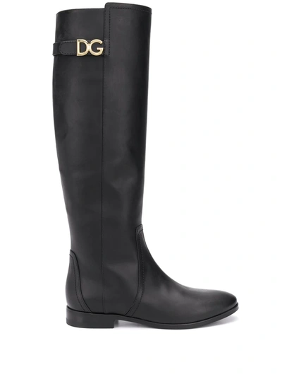 Shop Dolce & Gabbana Knee-length Logo Plaque Boots In Black