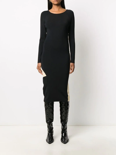 Off-white Open-back Two-tone Ribbed-knit Midi Dress In Black