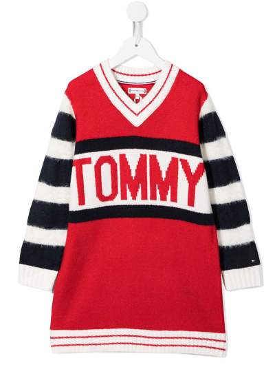 Shop Tommy Hilfiger Junior Logo Intarsia Knitted Dress In Red