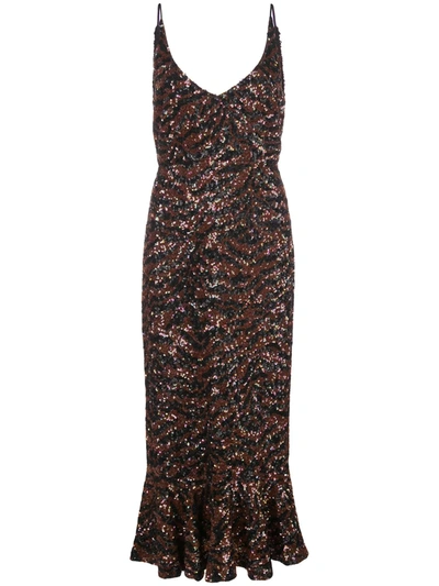 Shop Saloni Sequin-sequin Peplum-hem Midi Dress In Brown