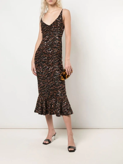 Shop Saloni Sequin-sequin Peplum-hem Midi Dress In Brown
