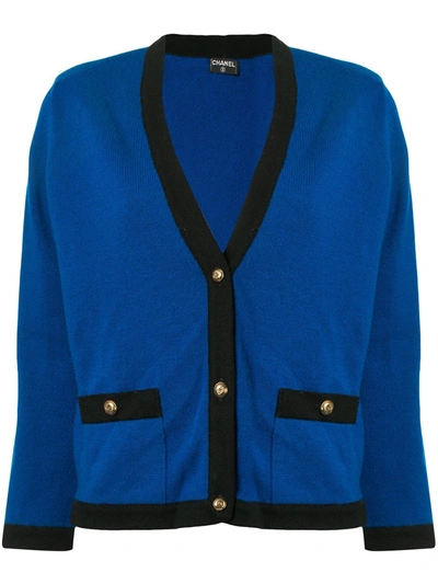 Pre-owned Chanel Contrast-trim Cashmere Cardigan In Blue