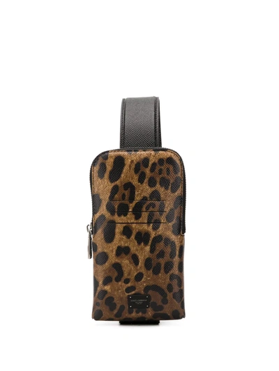 Shop Dolce & Gabbana Leopard-print Leather Smartphone Holder In Neutrals