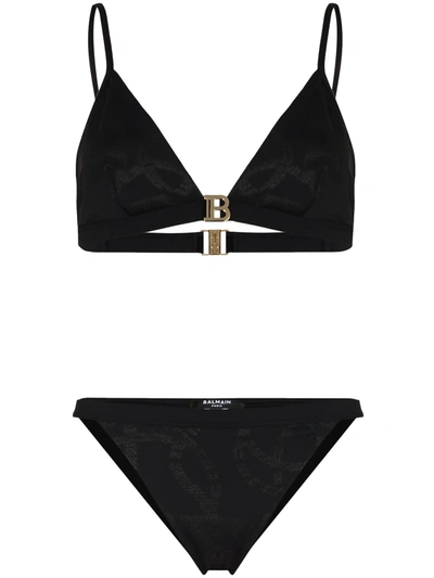 Shop Balmain Chain Print Triangle Bikini In Black