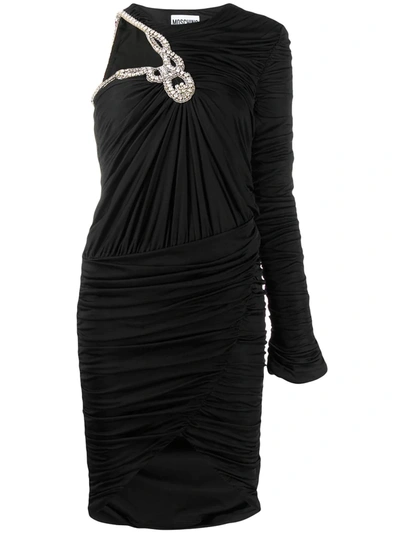 Shop Moschino One-shoulder Embellished Ruched Dress In Black