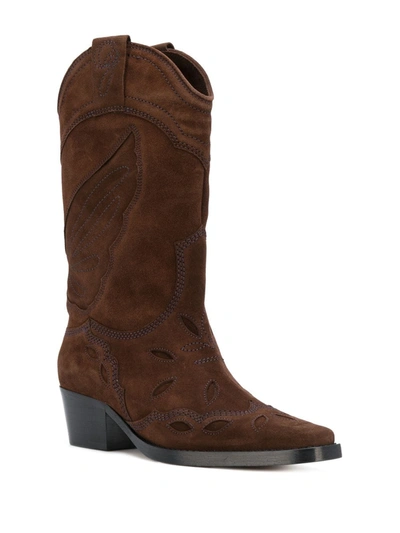 Shop Ganni Stitch Detail Cowboy Boots In Brown