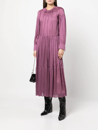 Vince Pleated Long Sleeve Silk Maxi Dress In Brown | ModeSens