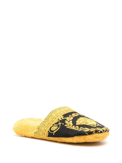 Versace Black And Gold Home Slippers In Cotton And Terry With Baroque Print In Black