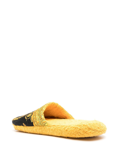 Versace Black And Gold Home Slippers In Cotton And Terry With Baroque Print In Black