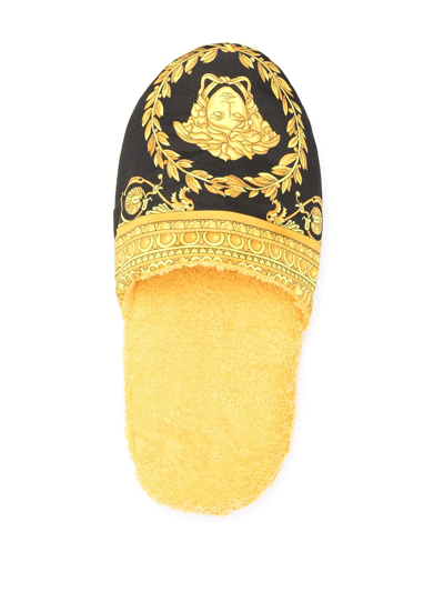 Versace Black And Gold Home Slippers In Cotton And Terry With Baroque Print In Black