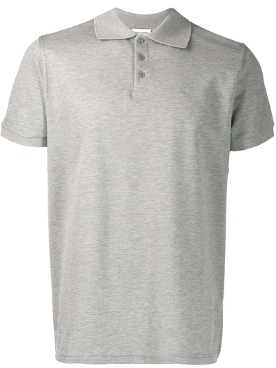 Shop Saint Laurent Embroidered Monogram Polo Shirt In Grey