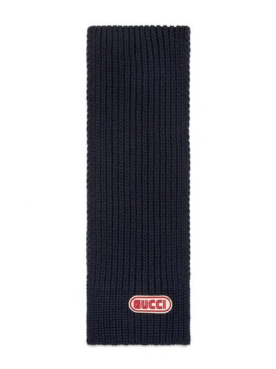 Shop Gucci Wool Scarf With  Patch In Blue