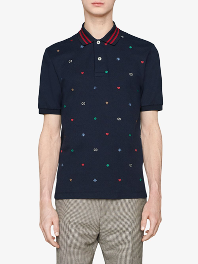 Shop Gucci Polo With Symbols Embroidery In Blue