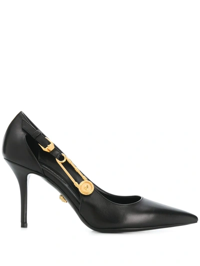 Shop Versace Safety-pin Pointed Leather Pumps In Black
