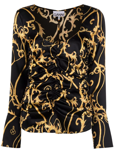 Shop Ganni Ruched-detail Printed Top In Schwarz