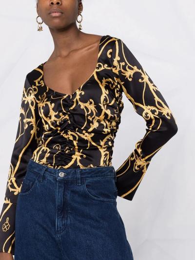 Ganni Silk Stretch Satin U-neck Fitted Blouse In Schwarz