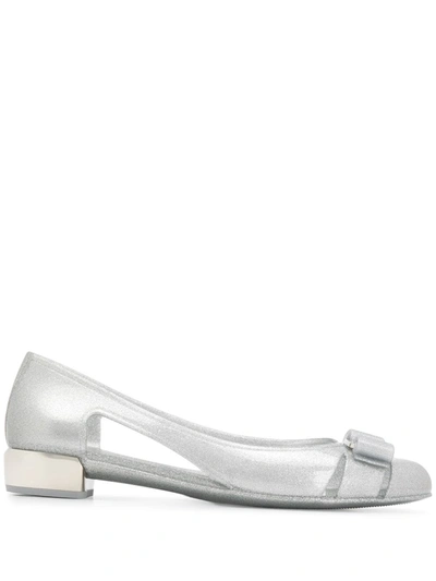 Shop Ferragamo Bow-detail Glitter Flat Pumps In Silver