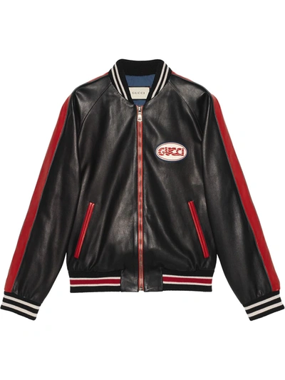 Shop Gucci Leather Bomber With  Pool Patch In Black