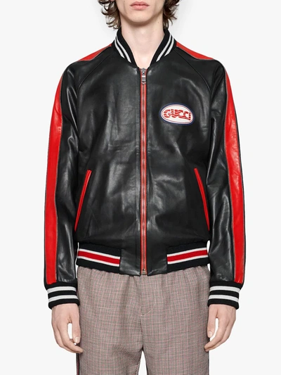 Shop Gucci Leather Bomber With  Pool Patch In Black