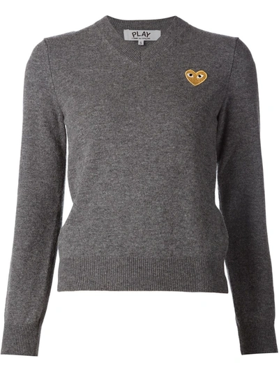 Shop Comme Des Garçons Play Embroidered Heart V-neck Jumper In Grey