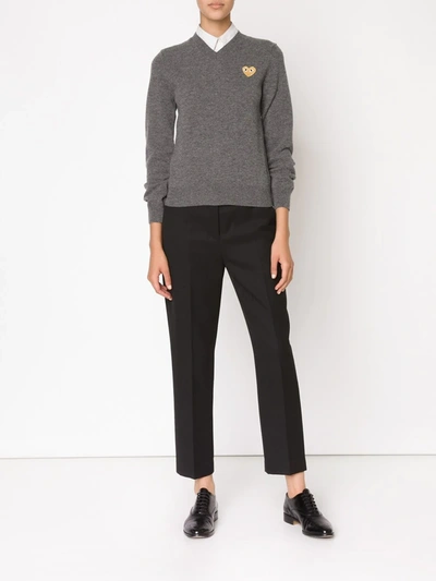 Comme Des Garçons Play Embroidered Heart V-neck Jumper In Grey
