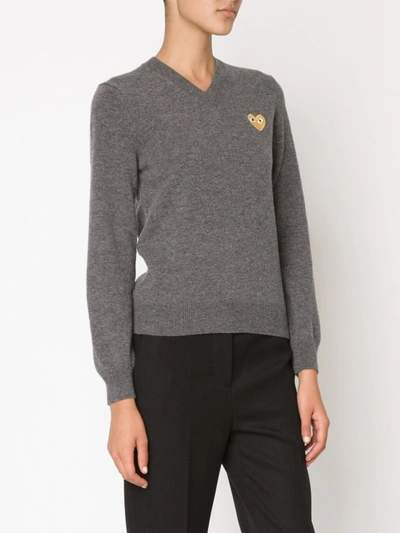 Comme Des Garçons Play Embroidered Heart V-neck Jumper In Grey