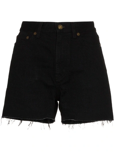 Shop Saint Laurent Fringed Denim Shorts In Black