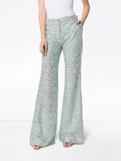 Shop Halpern Sequinned Flared Trousers In Green