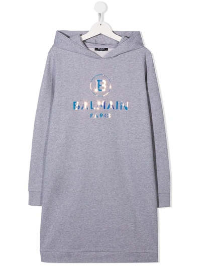 Shop Balmain Teen Logo-print Hooded Dress In Grey