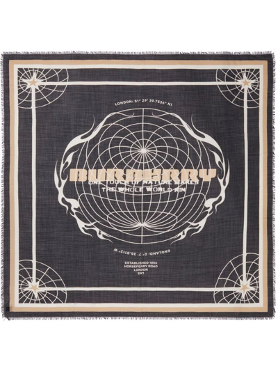 Shop Burberry Globe-graphic Square Scarf In Black