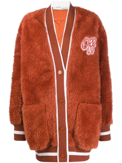 Off-white Embroidered Logo Furry Varsity Cardigan In Orange
