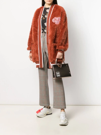 Off-white Embroidered Logo Furry Varsity Cardigan In Orange