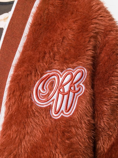 Shop Off-white Embroidered Logo Furry Varsity Cardigan In Orange