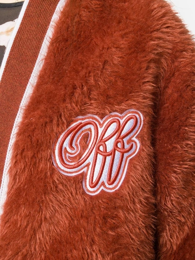 Off-white Embroidered Logo Furry Varsity Cardigan In Orange
