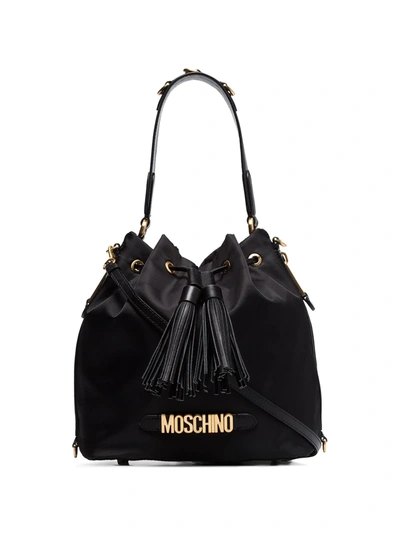 Shop Moschino Logo Plaque Drawstring Bucket Bag In Black