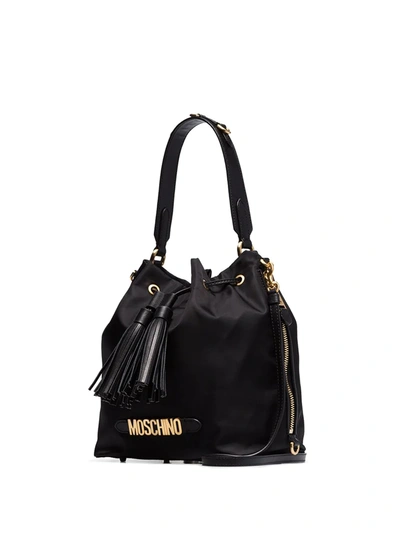 Shop Moschino Logo Plaque Drawstring Bucket Bag In Black